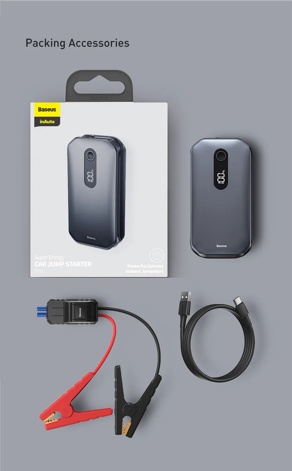 Baseus Portable Car Jump Starter Device Power Bank Emergency 12000mAh High Power 12V Car Battery Booster Auto Starting Device