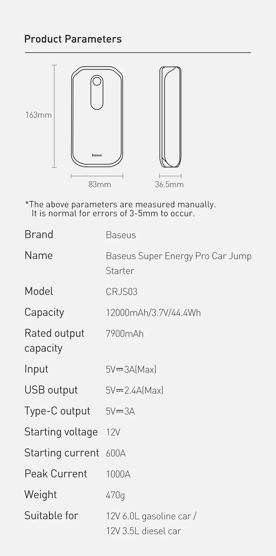 Baseus Portable Car Jump Starter Device Power Bank Emergency 12000mAh High Power 12V Car Battery Booster Auto Starting Device