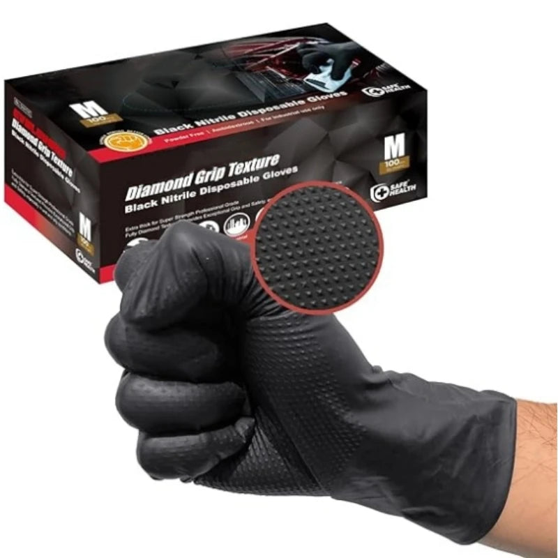 Black Nitrile Gloves Disposable 8-mil Latex Free Mechanic Gloves for Men Heavy Duty Diamond Textured Industrial Mechanic Gloves