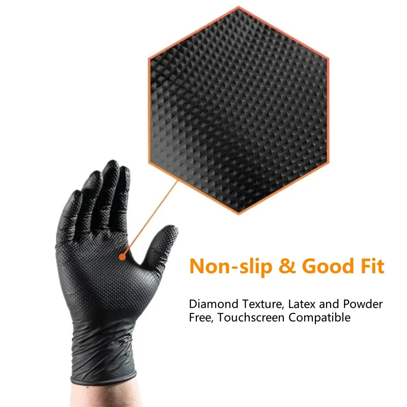 Black Nitrile Gloves Disposable 8-mil Latex Free Mechanic Gloves for Men Heavy Duty Diamond Textured Industrial Mechanic Gloves