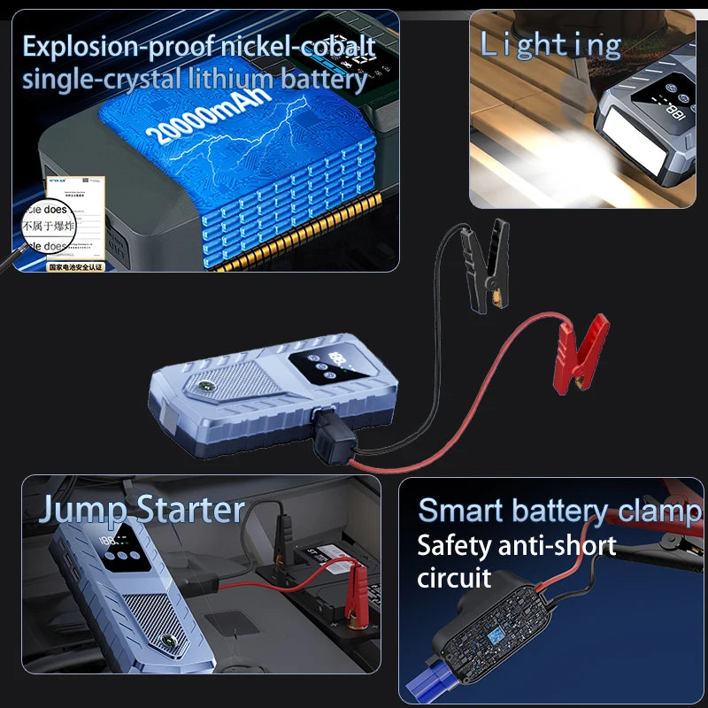 Portable Car Jump Starter Battery Emergency Booster for 12V Petrol Diesel Car Power Bank with Lighting Emergency Hammer