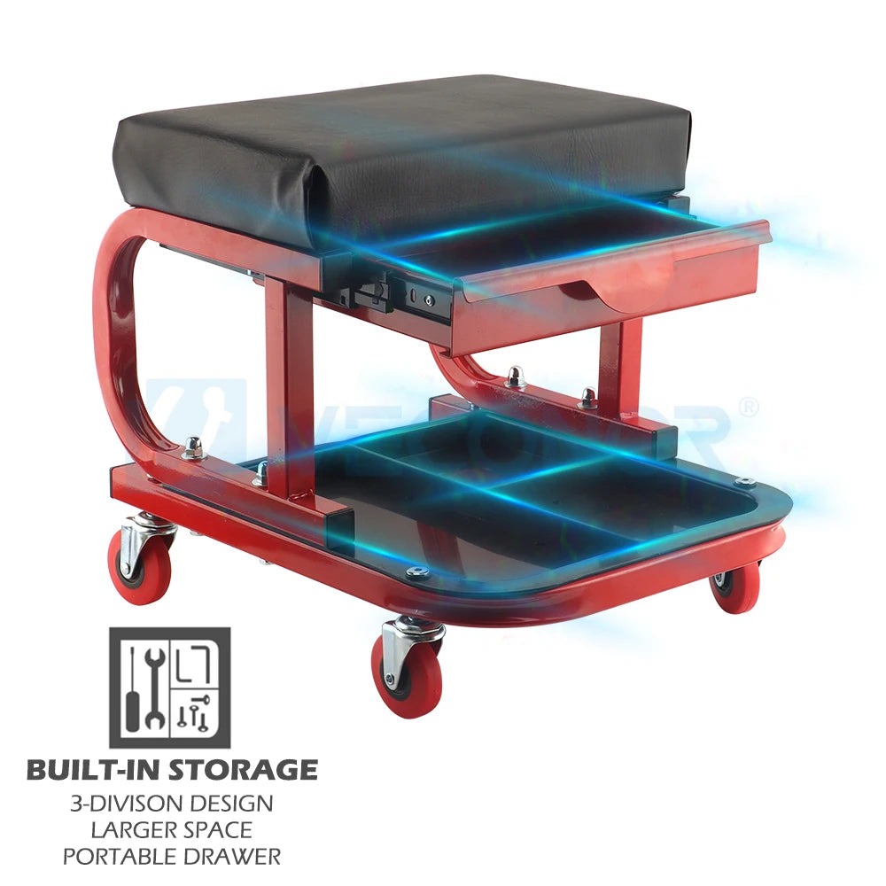 Rolling Creeper Garage/Shop Seat 100KG / 220LBS Capacity Padded Rolling Workshop Stool with Tool Tray Storage & Portable Drawer