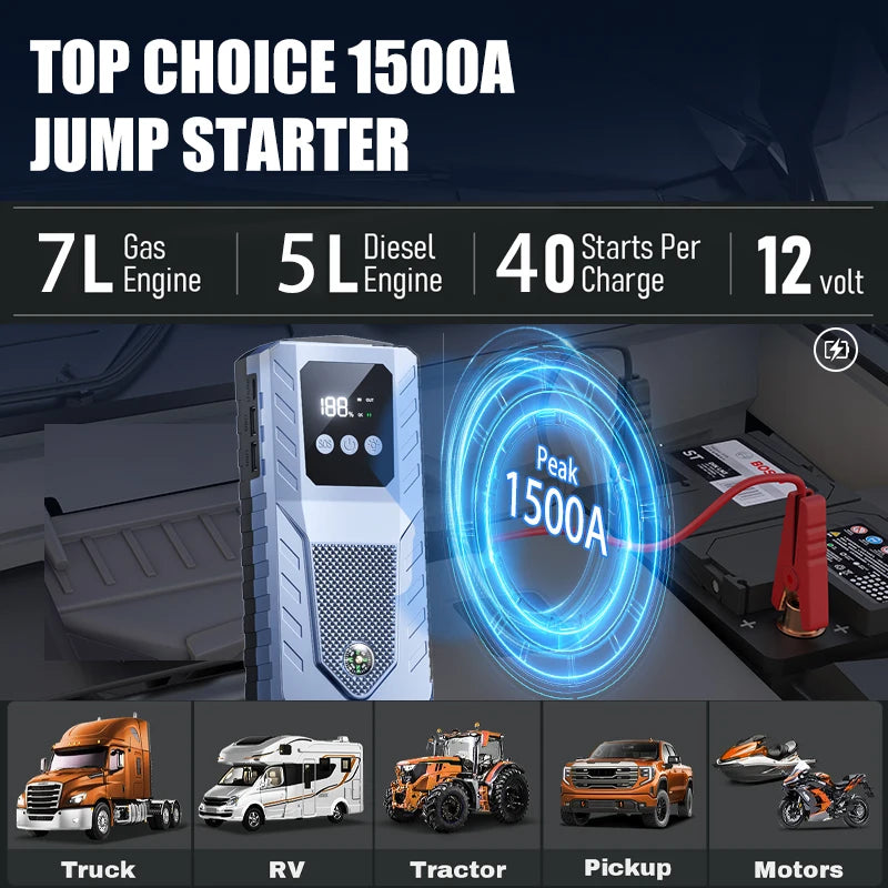 Portable Car Jump Starter Battery Emergency Booster for 12V Petrol Diesel Car Power Bank with Lighting Emergency Hammer