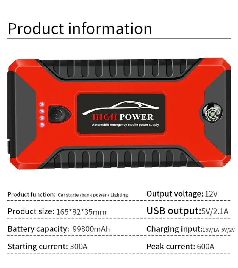 Portable Car Battery Starter Auto Jump Starter 99800mAh 12V Petrol Diesel Car Emergency Booster Start Power Supply for Cars