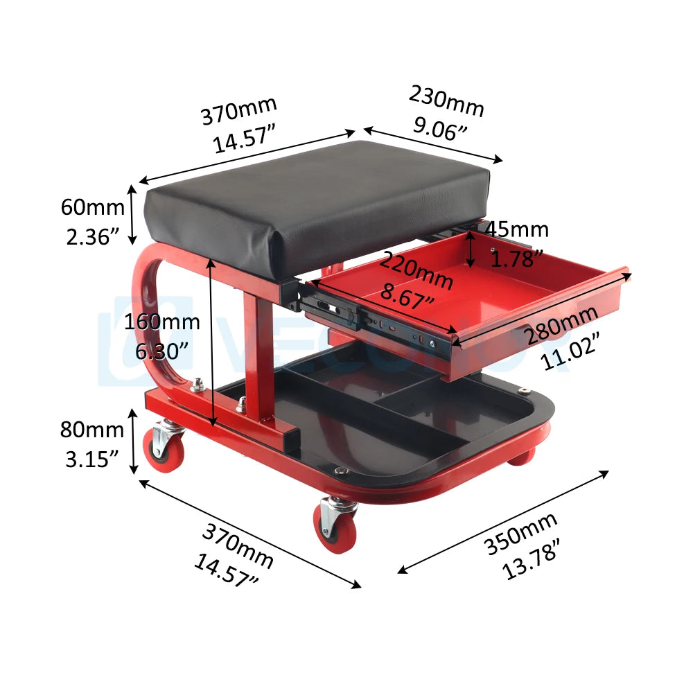 Rolling Creeper Garage/Shop Seat 100KG / 220LBS Capacity Padded Rolling Workshop Stool with Tool Tray Storage & Portable Drawer