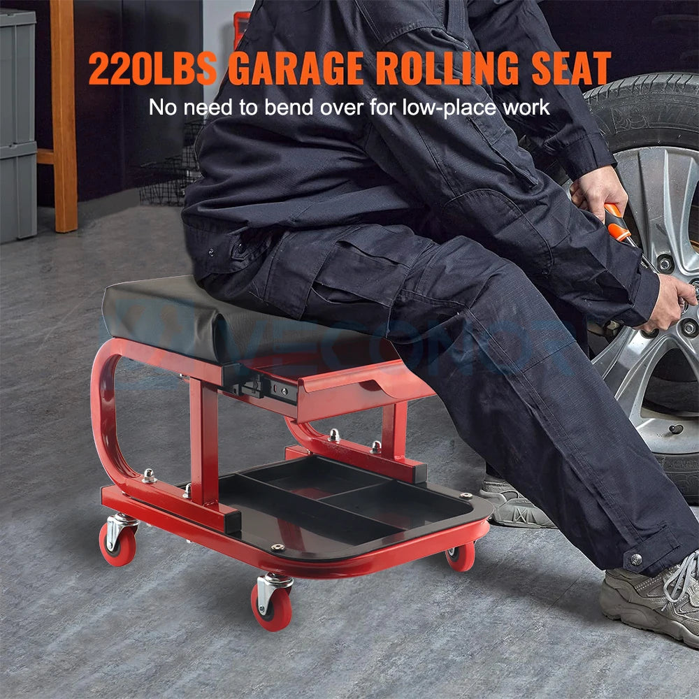 Rolling Creeper Garage/Shop Seat 100KG / 220LBS Capacity Padded Rolling Workshop Stool with Tool Tray Storage & Portable Drawer